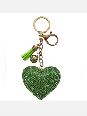 Green Rhinestone Heart Bagcharm/Keychain with Tassel And Gold Hardware